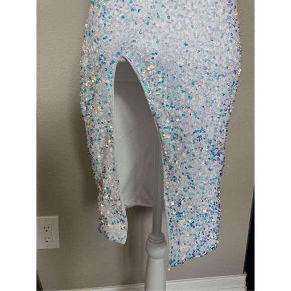 White Sequin Cap Sleep Tummy Side Peekaboo Slit Party Dress Medium - Picture 4 of 6